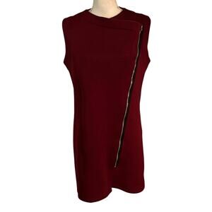 Natalia Romano Size S Scuba Mini Shift Dress Asymmetrical Zip Front Burgundy USA